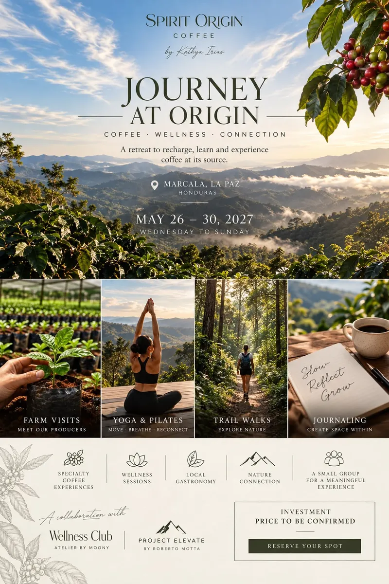 Journey at Origin, by Kathya Irias: coffee, wellness and connection in Marcala, La Paz, Honduras, 26 to 30 May 2027, with farm visits, yoga and Pilates, trail walks and journaling