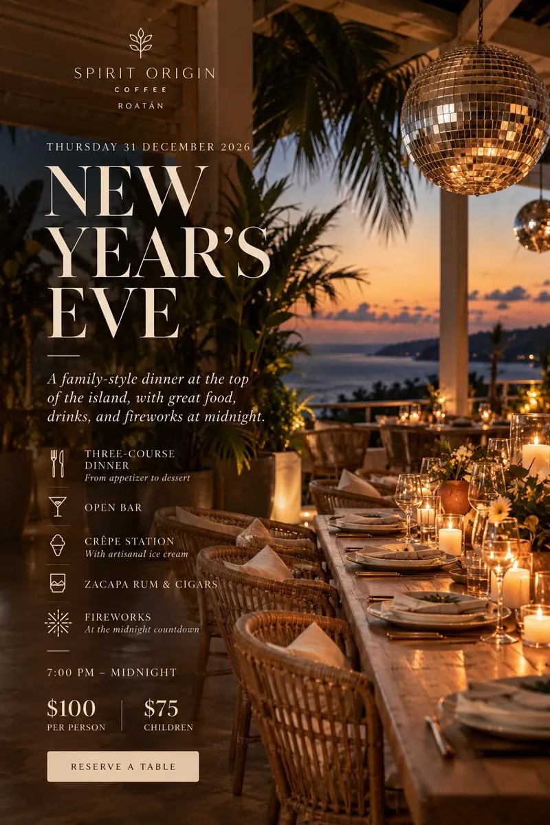 New Year's Eve at Spirit Origin: a long candlelit table on the terrace at sunset, under a mirror ball, with the sea beyond