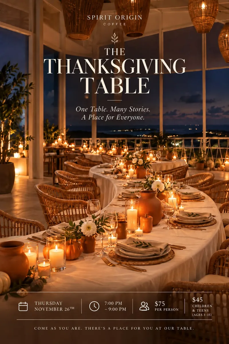 The Thanksgiving Table at Spirit Origin: a long candlelit table on the terrace at dusk, set with pumpkins and white flowers